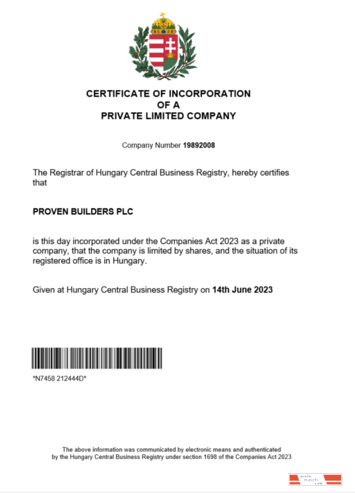 Hungary certificate of registration Word and PDF template